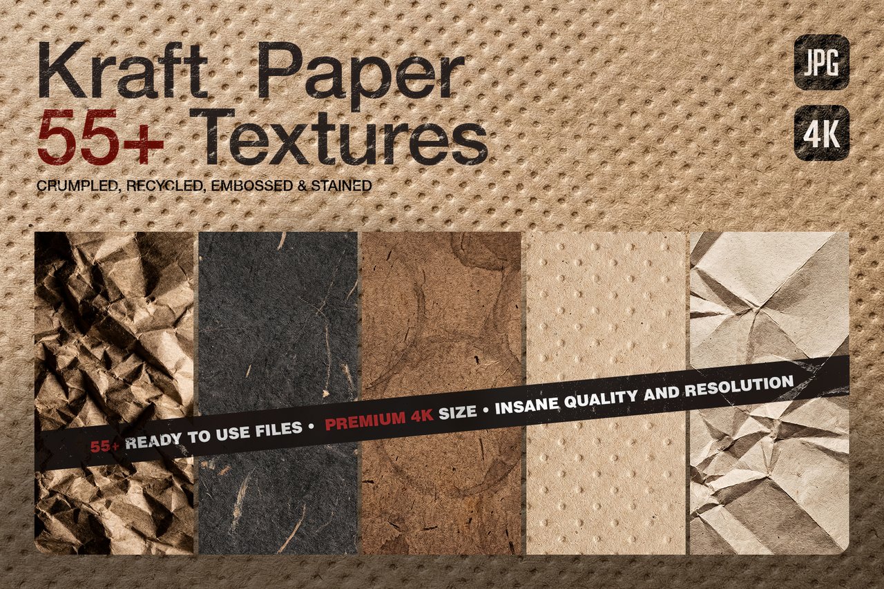 Cover graphic for the 55+ Kraft Paper 4K Textures pack, displaying samples of crumpled, dark recycled, coffee stained, embossed, and folded packaging backgrounds.