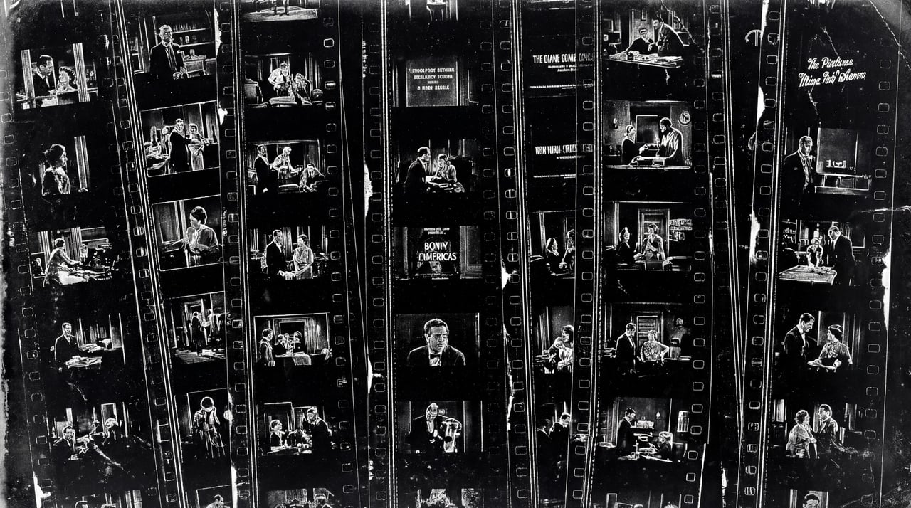A collage of black and white film frames showing various cinematic scenes arranged vertically on a film strip.