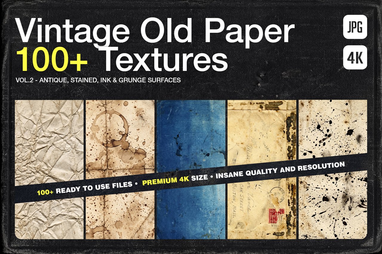 Cover graphic for the 100+ Vintage Old Paper 4K Textures pack, showcasing five vertical samples of crumpled, stained, cyanotype, antique letter, and ink-splattered paper backgrounds.