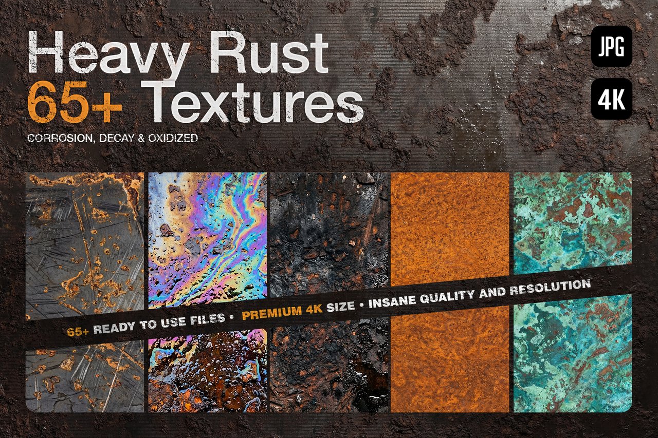 Cover graphic for the 65+ Heavy Rust 4K Textures pack, displaying a collage of deep orange corrosion, iridescent oil spills, dark decayed iron, and green copper oxidation.