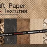 Cover graphic for the 55+ Kraft Paper 4K Textures pack, displaying samples of crumpled, dark recycled, coffee stained, embossed, and folded packaging backgrounds.