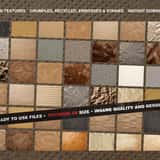 A grid preview showcasing over 55 high-resolution kraft paper textures, including corrugated cardboard, dark flecked paper, and various crumpled packaging surfaces.