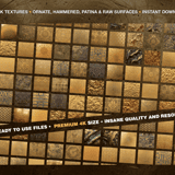 A massive grid preview displaying over 130 high-resolution ancient gold textures, featuring engraved ornaments, raw hammered gold, brushed surfaces, and heavy green patina.
