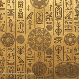 Flat ancient gold texture background featuring highly detailed engravings of Egyptian hieroglyphs, sacred geometry, and mystical symbols.