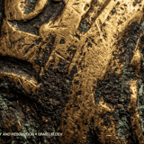 Extreme close-up macro texture of heavily distressed ancient gold, featuring deep scratches and rich green and teal patina oxidation.