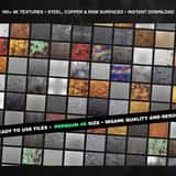 Full grid preview displaying all 191 metal textures from the Industrial Metals pack. Thumbnails show a massive variety of raw surfaces, including rusted sheet metal, raw steel, copper, gold, and painted industrial metals.