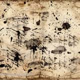 Highly distressed vintage paper texture background featuring heavy black ink splatters, grunge edges, and warm sepia tones, ideal for blending overlays.
