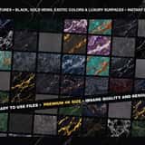 A large grid preview showcasing over 50 high-resolution dark marble textures, featuring exotic colors like deep purple, emerald, striking black and gold, and rich red veining.