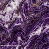 Close-up of a unique deep purple amethyst marble texture, featuring swirling white patterns and scattered, glittering metallic gold flakes.