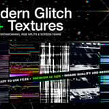Cover graphic for the 60+ Modern Glitch 4K Textures pack, displaying various digital noise effects, datamoshing, and bright RGB screen tears on dark backgrounds.
