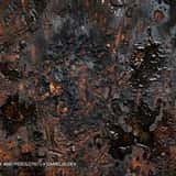 Close-up texture of heavily decayed dark metal with bubbling orange rust, peeling iron layers, and glossy black oil stains.