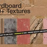 Cover graphic for the 100+ Raw Cardboard 4K Textures pack, displaying vertical slices of corrugated packaging, grey recycled fiberboard, painted red cardboard, and torn kraft surfaces.