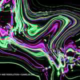 Psychedelic organic glitch texture featuring bright neon green and purple liquid swirls and fluid digital decay blending on a pitch-black background.