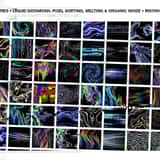 A large grid preview showcasing over 60 high-resolution organic glitch textures, featuring colorful melting pixels, liquid datamoshing, and swirling psychedelic noise.