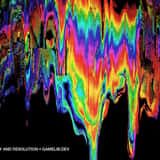 Vibrant organic glitch texture overlay featuring intense rainbow colors melting downwards in a heavy pixel sorting and stretching effect against a black screen.