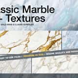 Cover graphic for the 50+ Classic Marble 4K Textures pack, displaying elegant slices of white stone with gold veins, icy blue marble, and classic grey-veined surfaces.