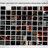 A massive grid preview showcasing over 100 high-resolution analog film overlays, featuring 35mm film burns, dirty camera lens effects, optical light leaks, and vintage dust and scratches.