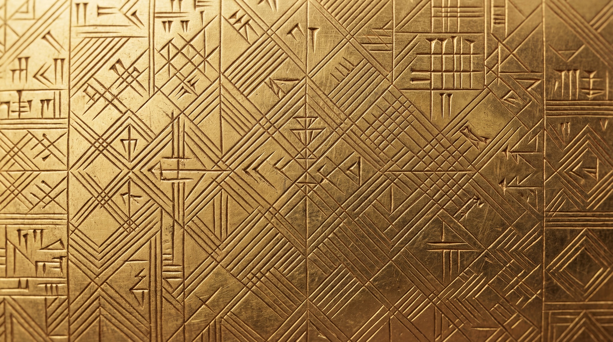 A detailed 4K texture featuring golden metal engraved with cuneiform script and geometric patterns.