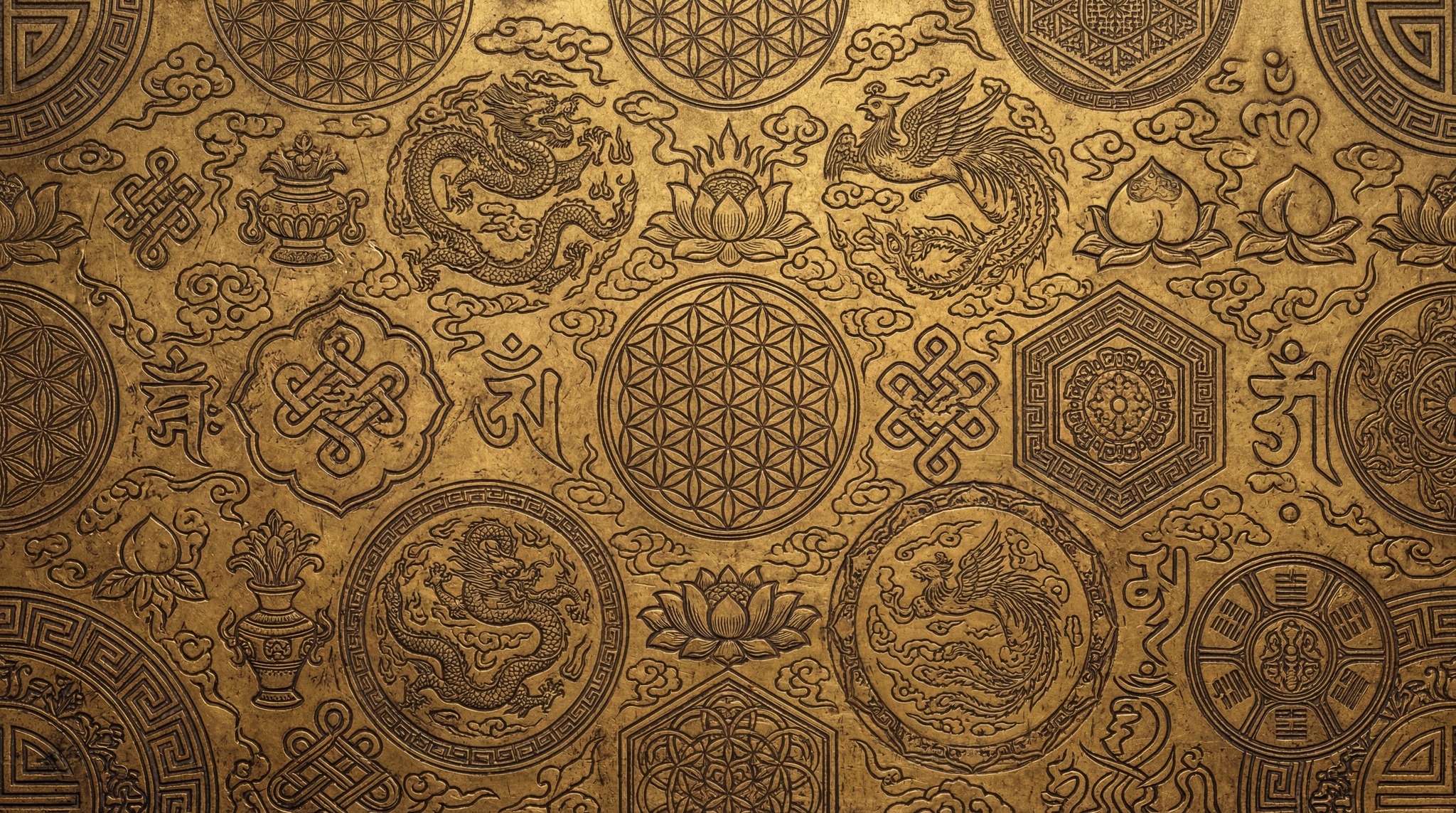 A close-up view of an ornate gold texture featuring intricate carvings of dragons, phoenixes, lotuses, peaches, and geometric symbols.