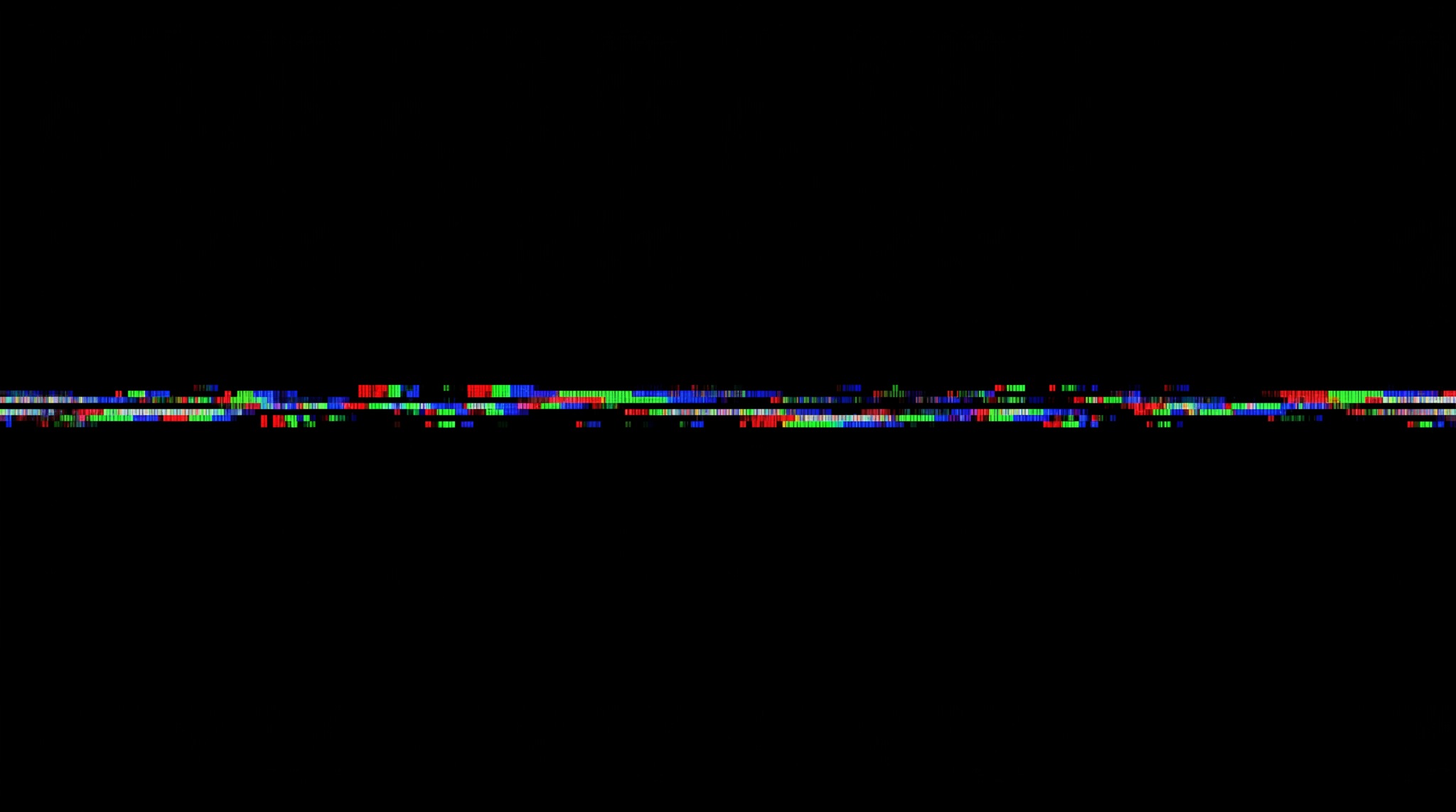 A horizontal line of colorful digital glitch artifacts with red, green, and blue blocks on a black background.