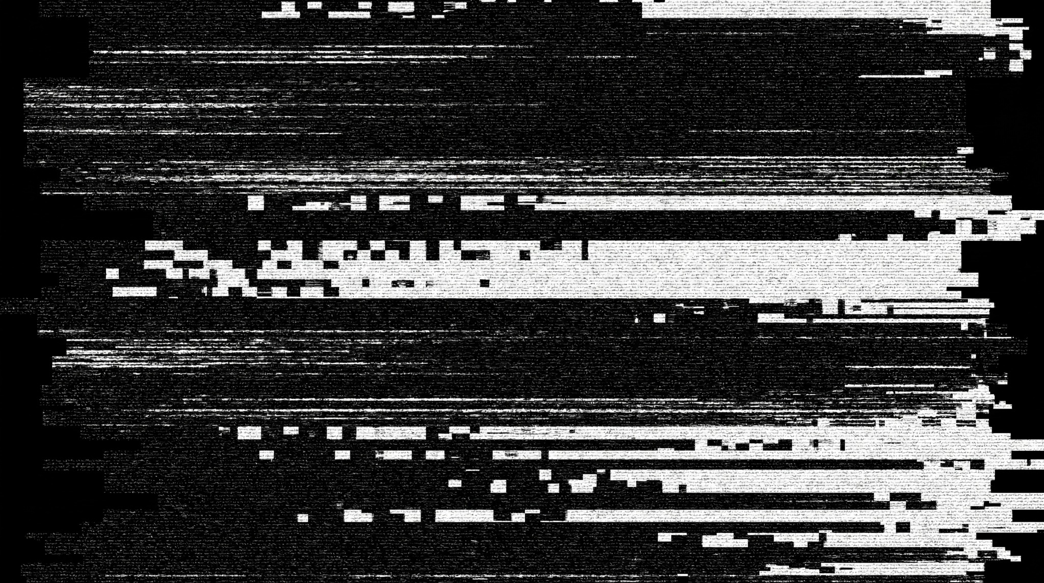 A black and white digital glitch texture with horizontal bands of static noise and pixelation.