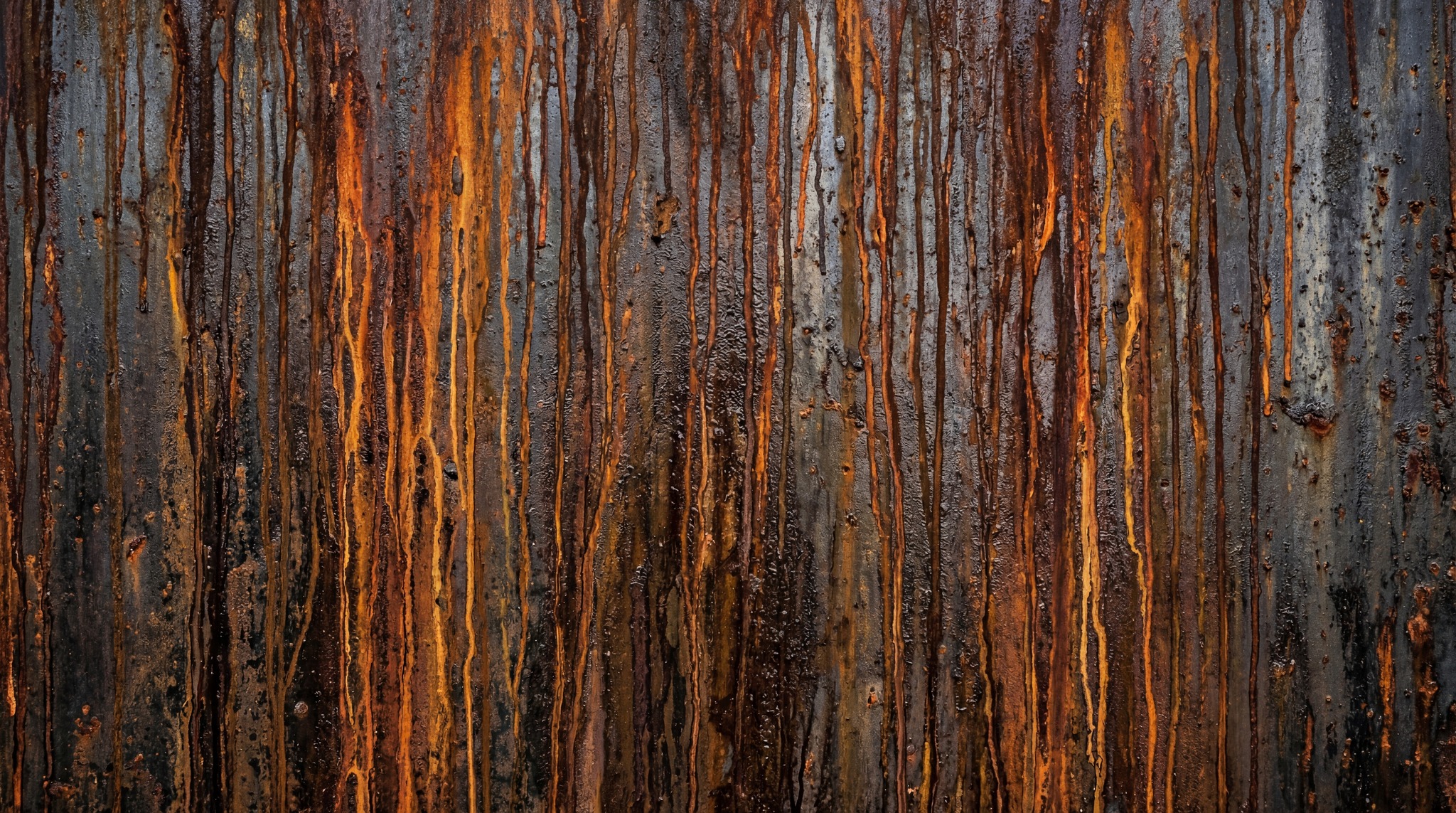 A dark, weathered metal surface with pronounced vertical streaks of orange and brown rust drips.