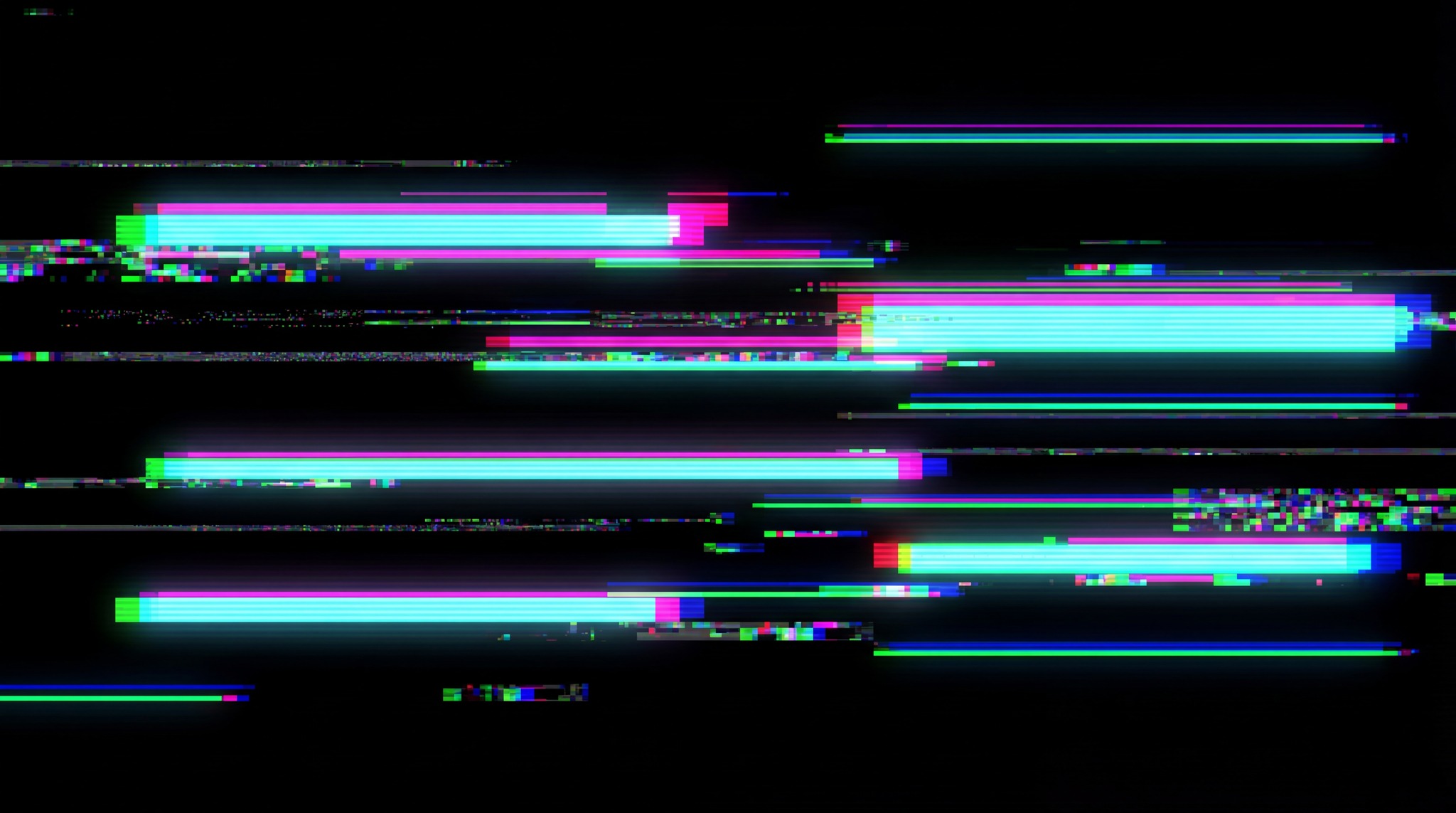 Abstract horizontal glitch texture with cyan, magenta, and green light streaks on a black background.