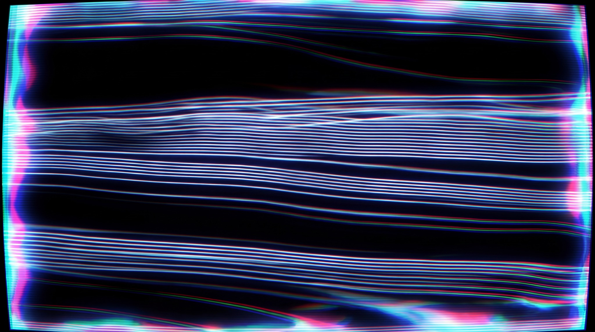 A digital texture featuring horizontal, wavy, glowing blue and white lines on a black background, with chromatic aberration and pink/cyan color bleed along the edges, mimicking a distorted analog VHS screen.