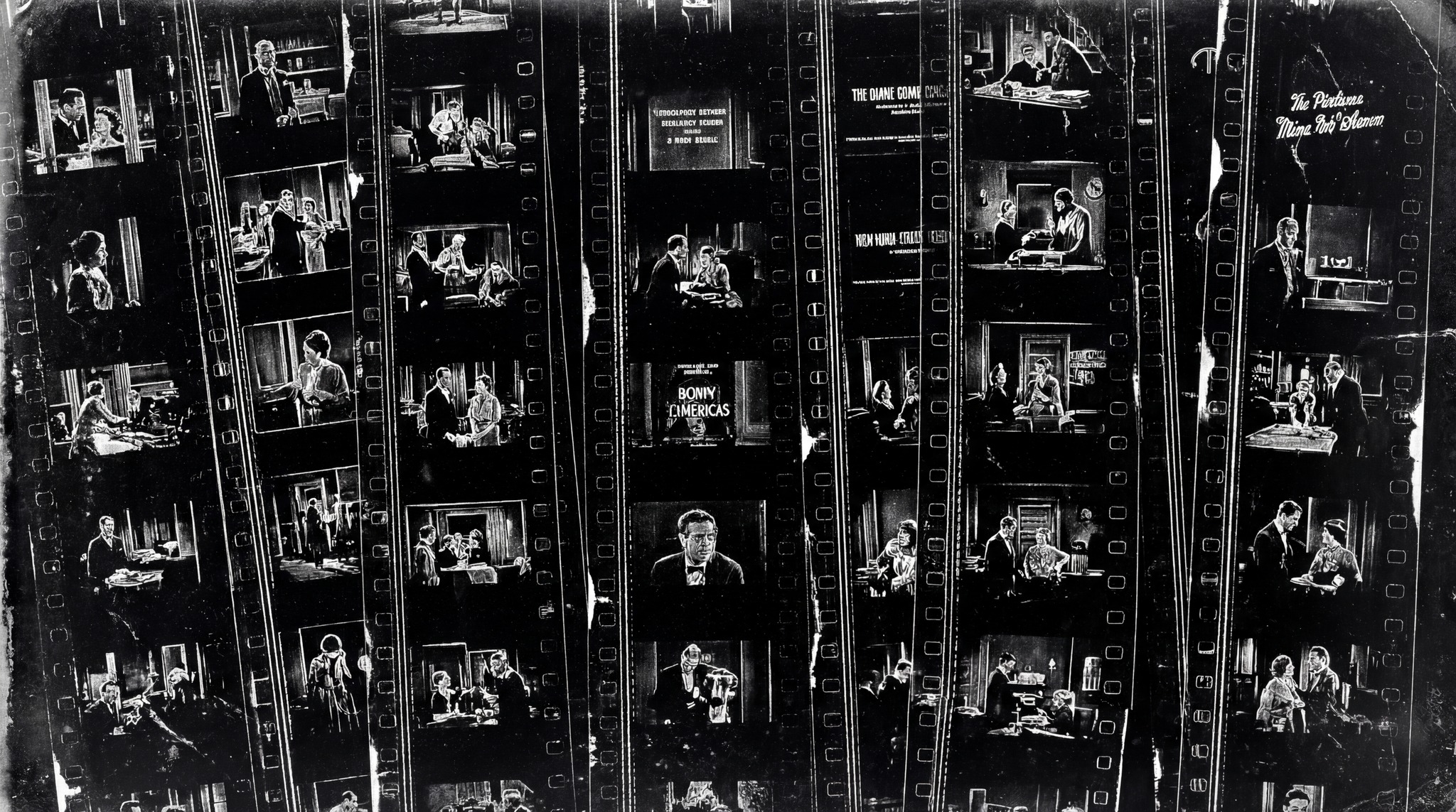 A collage of black and white film frames showing various cinematic scenes arranged vertically on a film strip.