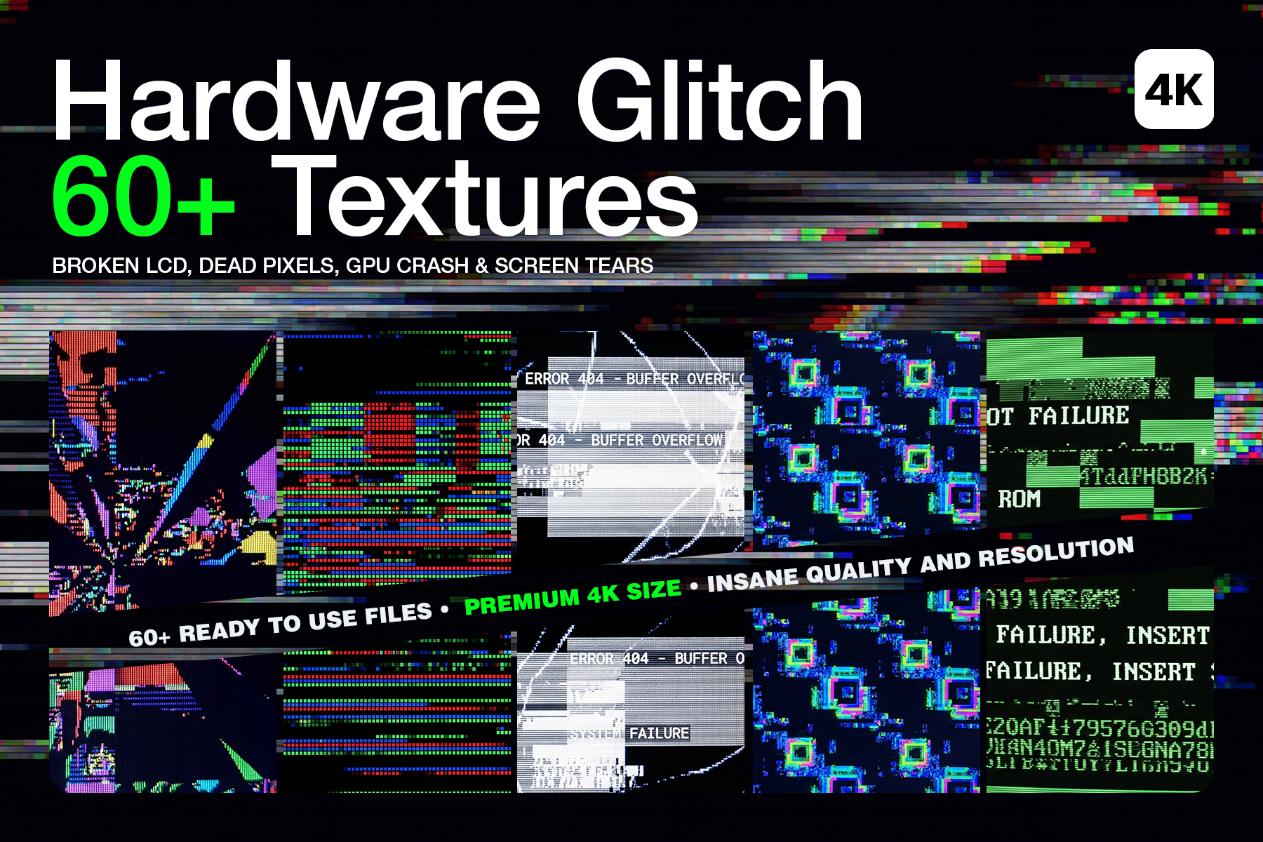 Cover graphic for the 60+ Hardware Glitch 4K Textures pack, displaying a chaotic collage of broken LCD screens, GPU crashes, and corrupted system error overlays on a black background.