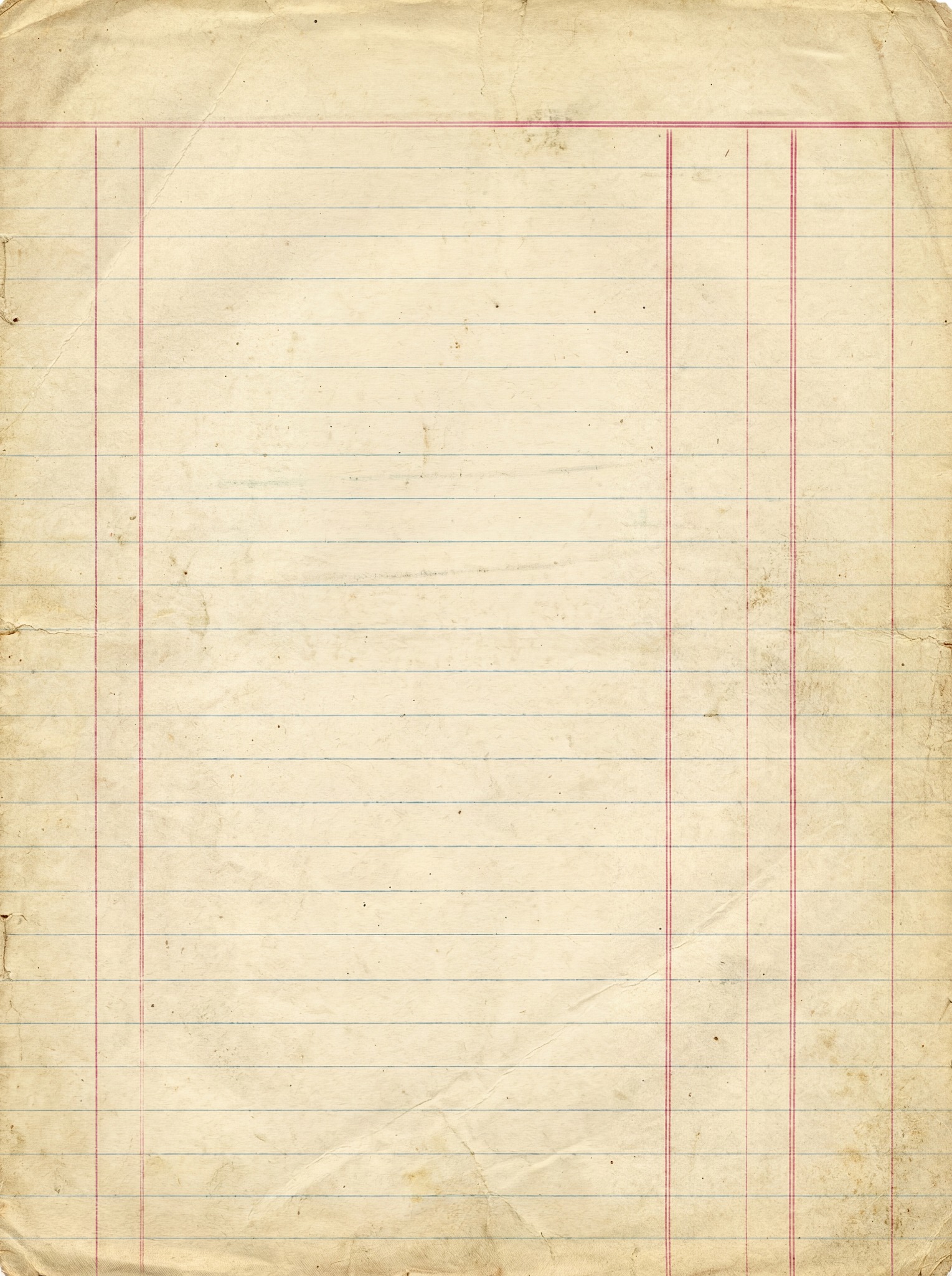 A detailed texture of aged, yellowed paper with horizontal blue lines and two vertical red ruling lines, showing creases and minor stains.