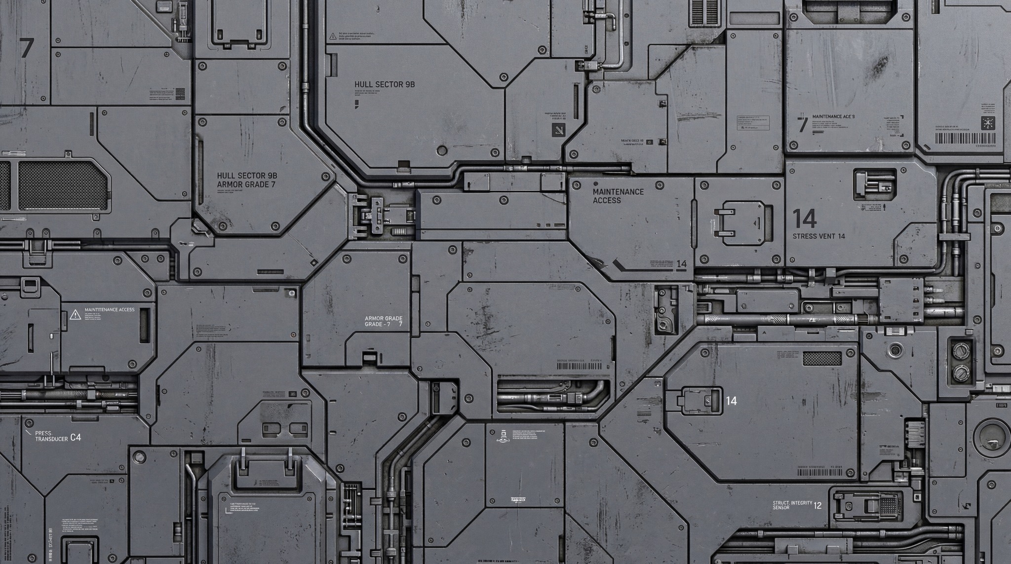 High resolution industrial bulkhead panel with mechanical conduits, heavy plating, and surface scratches.