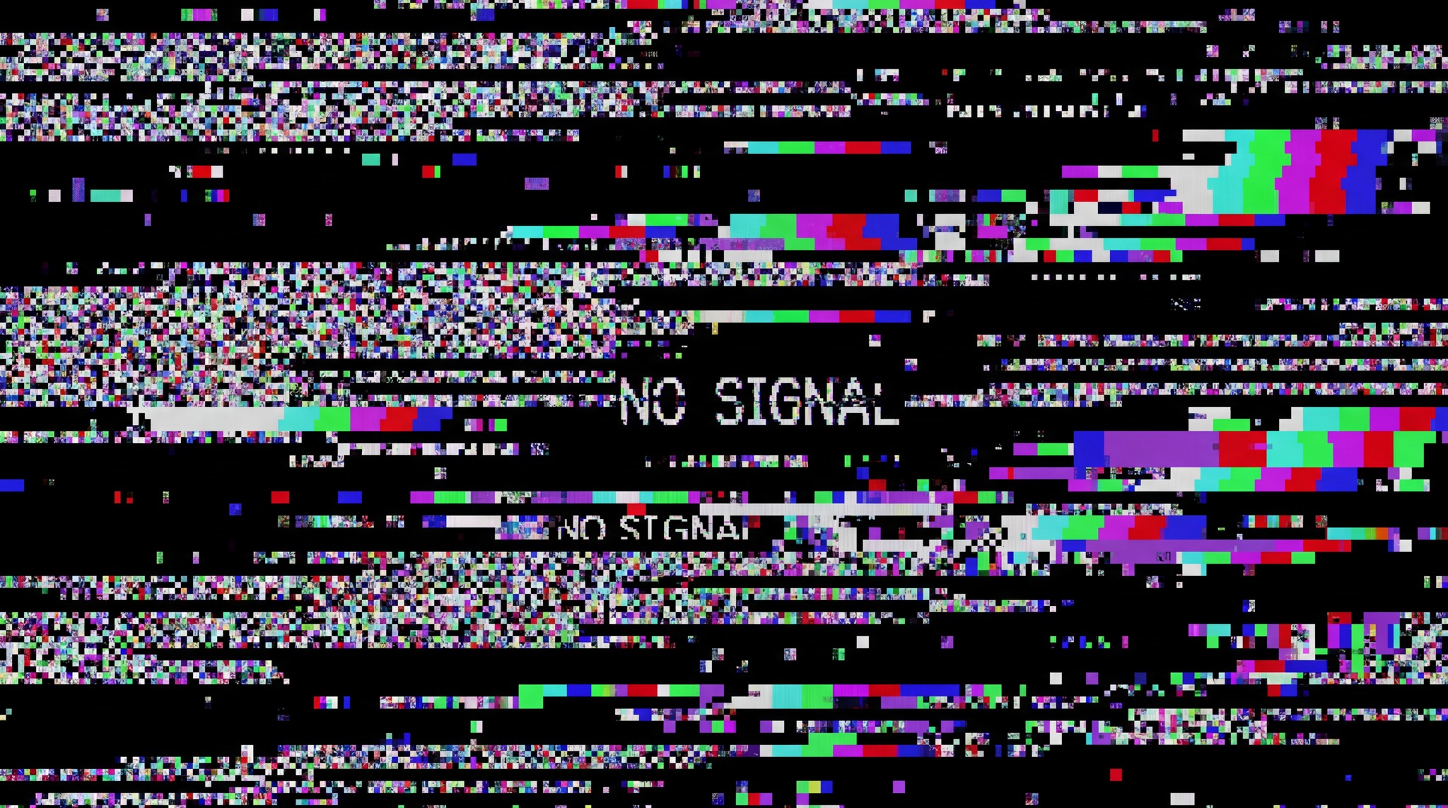A digital texture displaying corrupted monitor scanlines with vibrant, chaotic pixelated artifacts and the text 'NO SIGNAL' glitching.