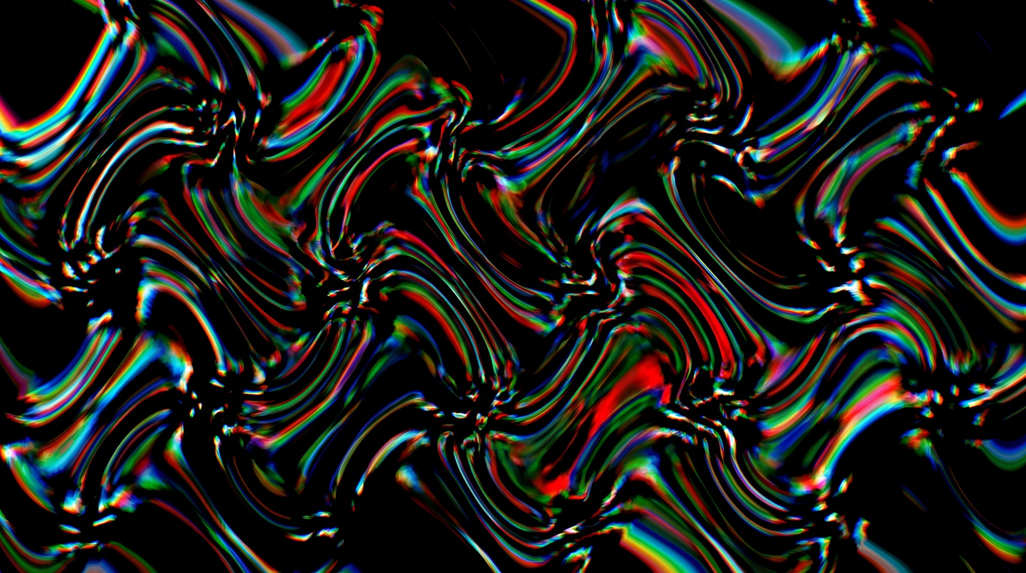An abstract black background with swirling, wavy patterns of chromatic aberration in red, green, and blue, creating a liquid datamosh effect.