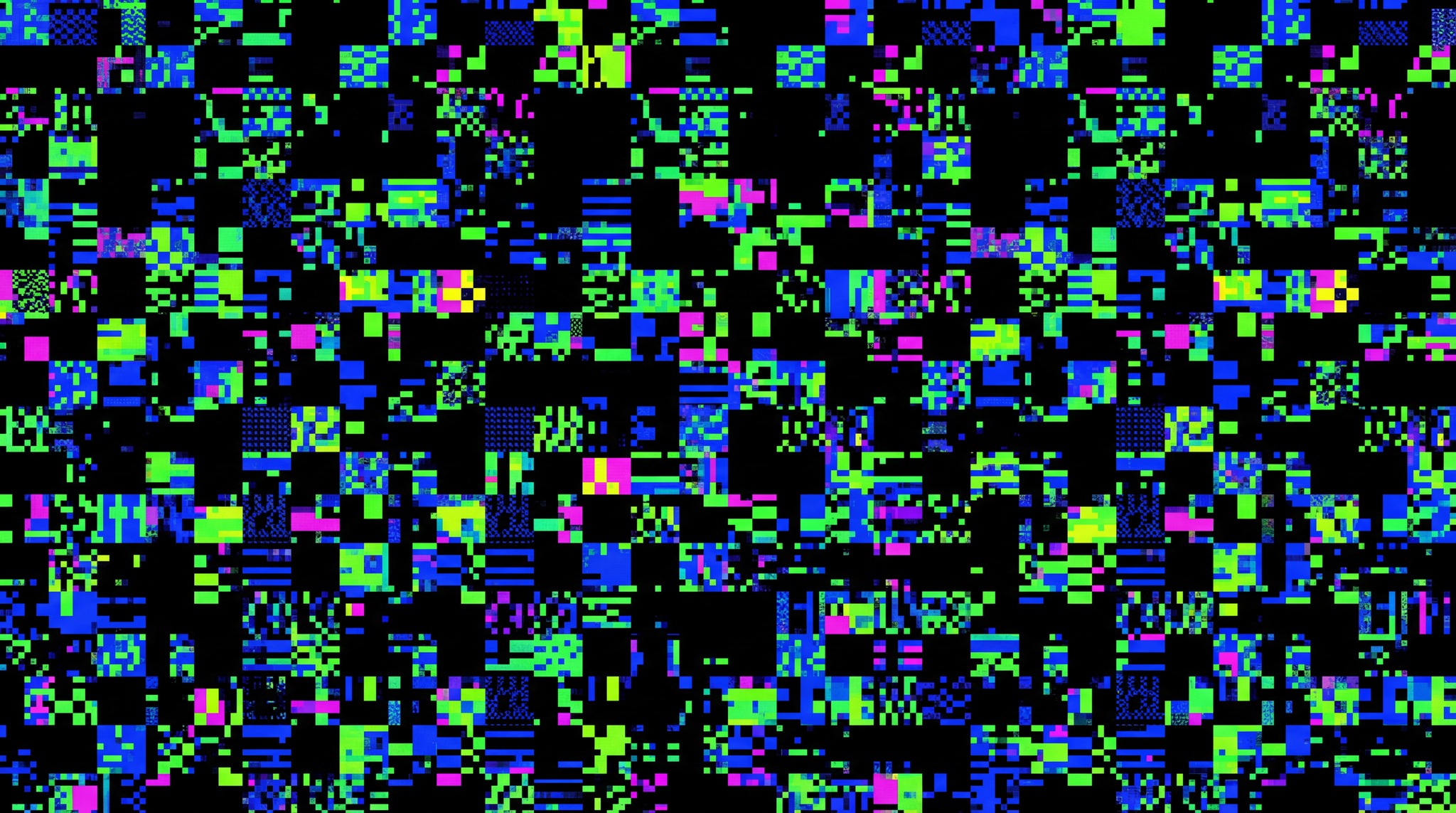 A digital texture featuring a chaotic mix of vibrant green, electric blue, and hot pink pixels scattered across a black background, simulating a GPU kernel panic.