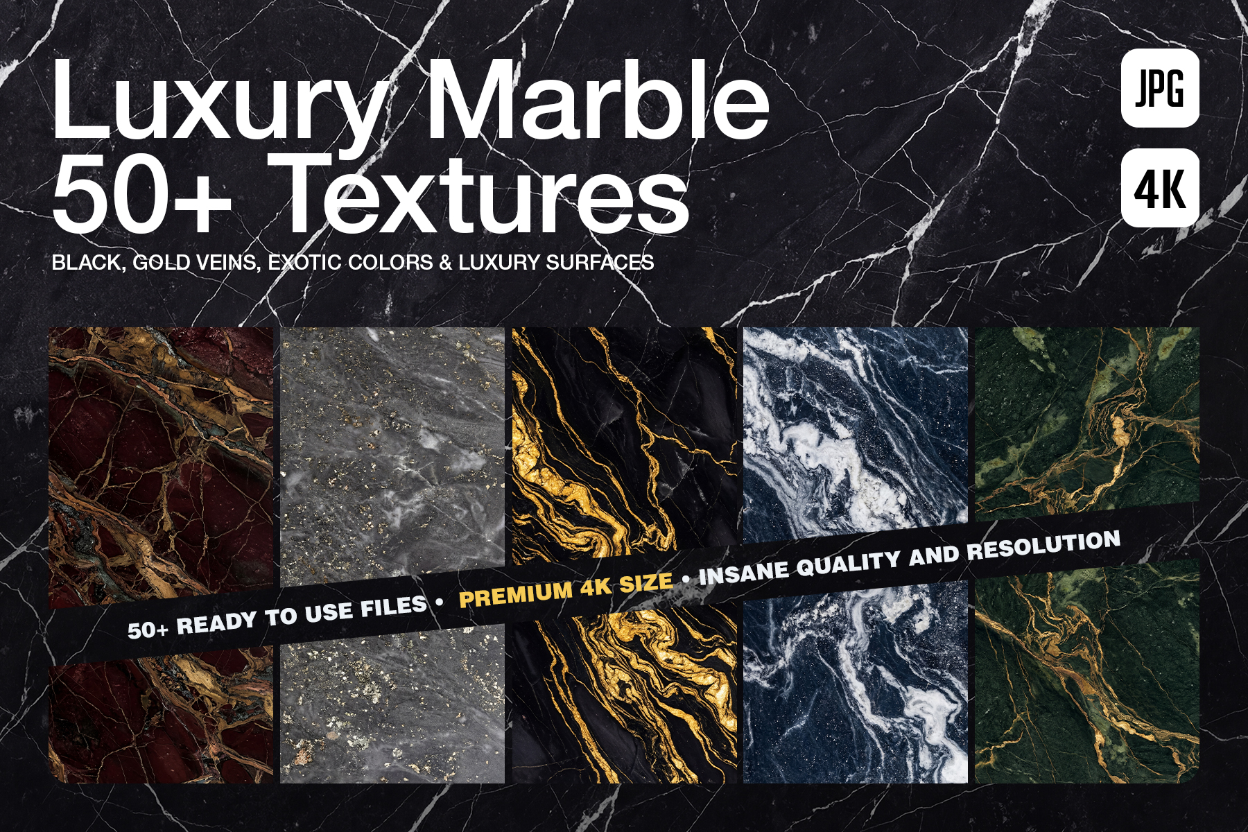 Cover graphic for the 50+ Luxury Marble 4K Textures pack, displaying premium slices of dark exotic stone including blood red, graphite, black with gold veins, midnight blue, and emerald green.