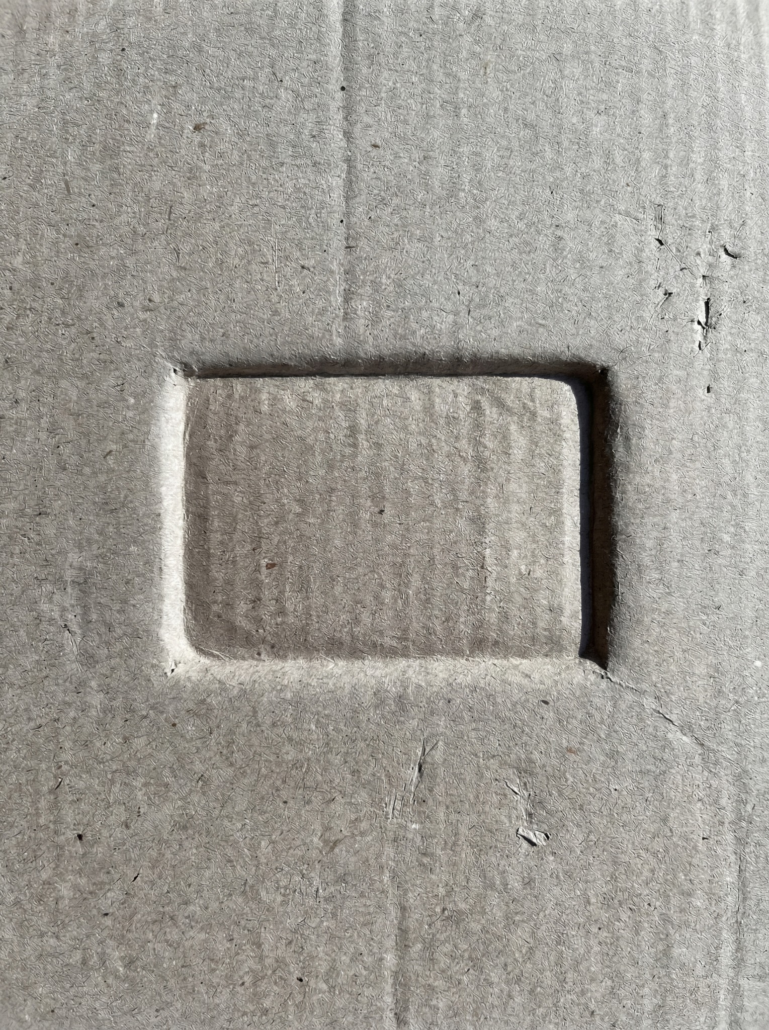 Grey cardboard texture with a prominent embossed rectangular shape in the center.