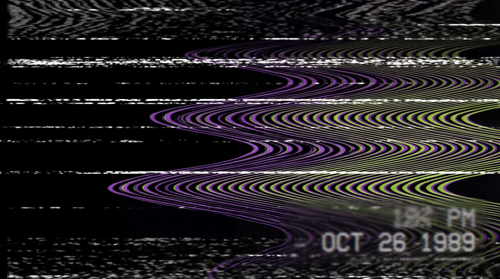 A 4K texture featuring heavy analog glitch effects on black background with distorted purple and green wavy lines and horizontal static, reminiscent of old VHS tapes.