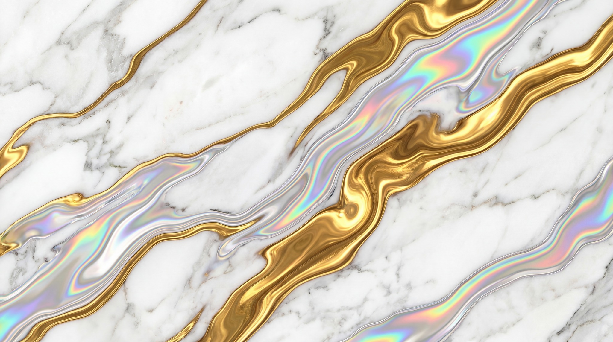 Abstract white marble texture with flowing gold and iridescent holographic veins