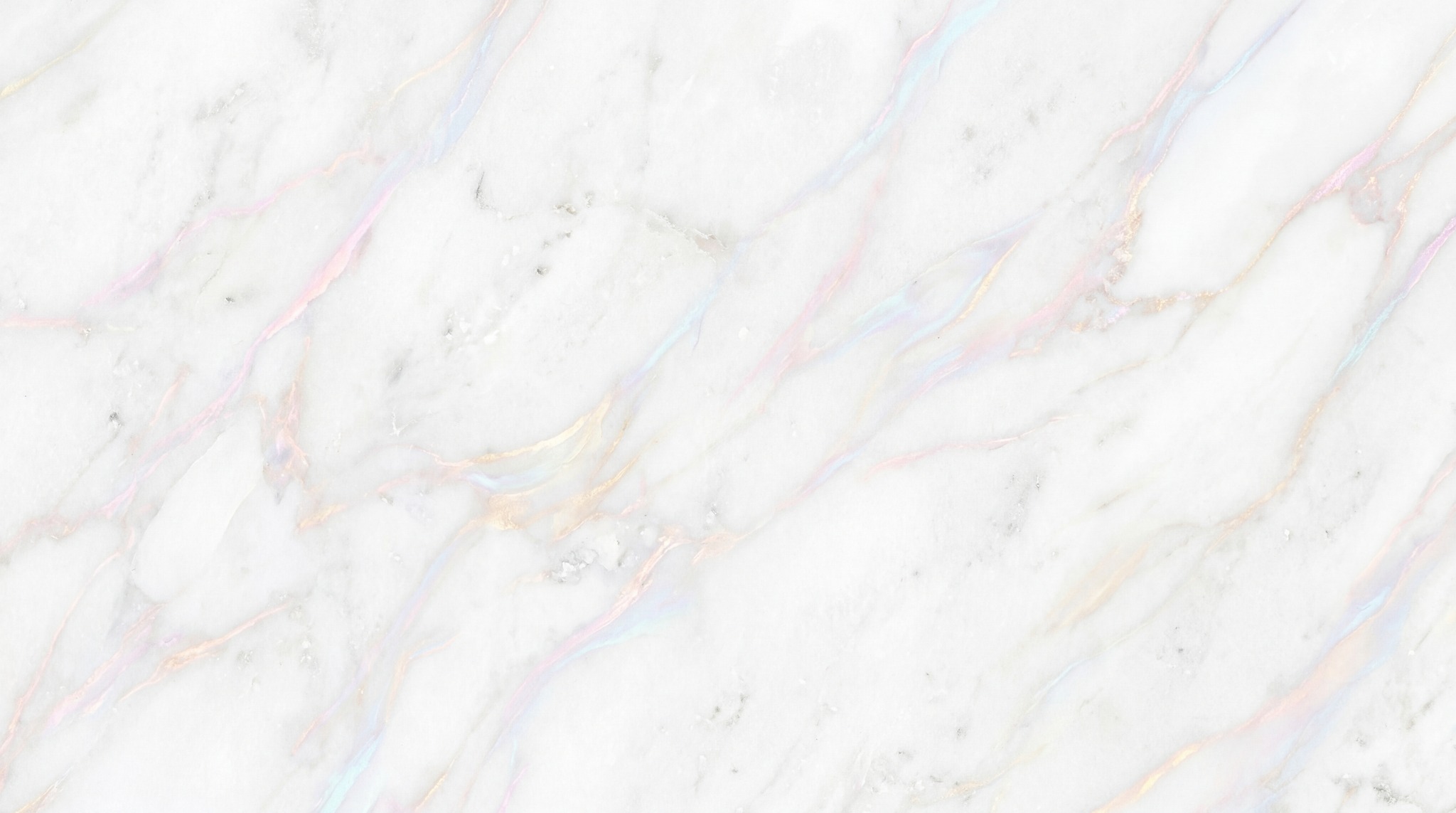 A seamless 4K texture of white marble with delicate, iridescent veins showing subtle pink, blue, and gold hues.