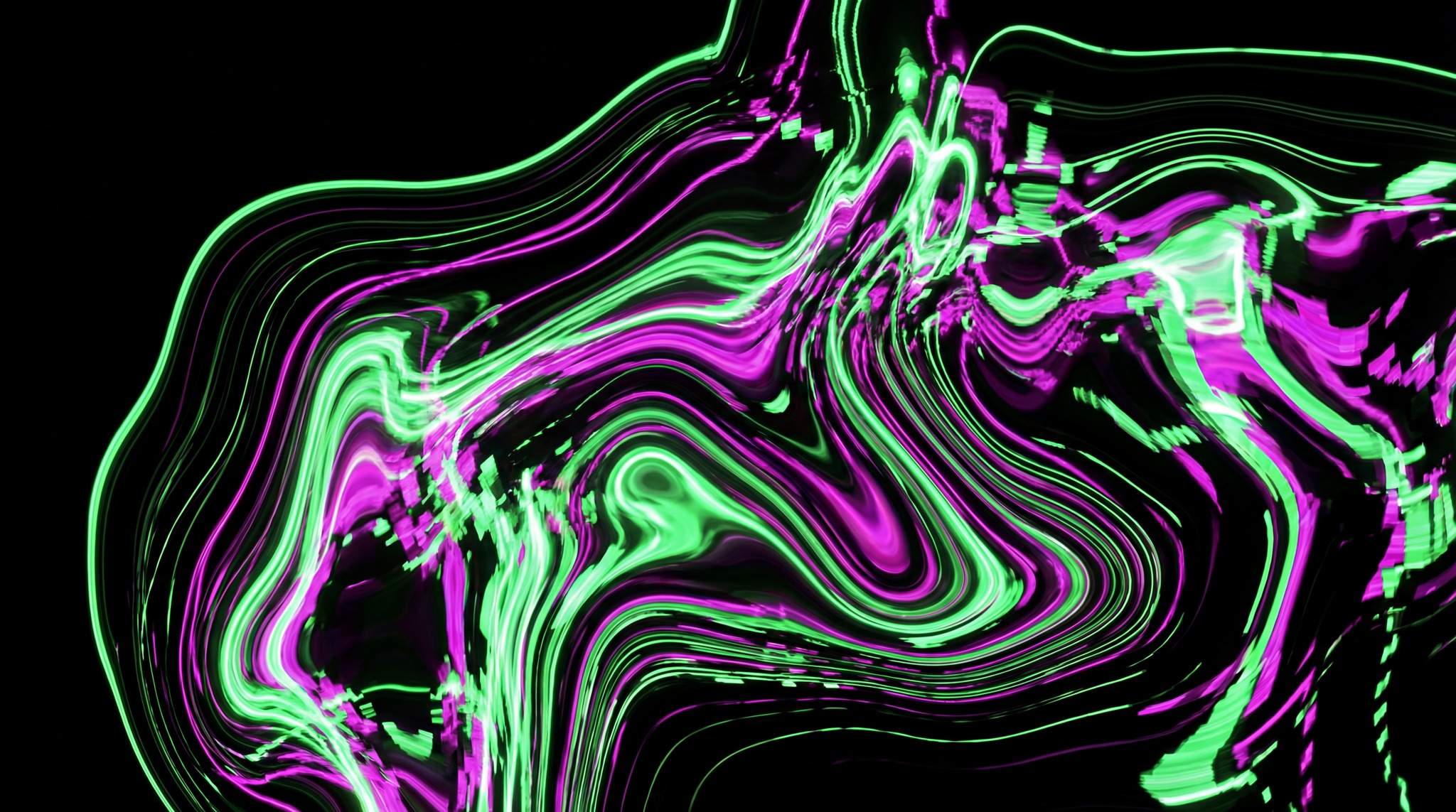 Abstract digital art texture featuring swirling, fluid-like waves of vibrant neon green and magenta, resembling liquid datamoshing with a glitch effect.
