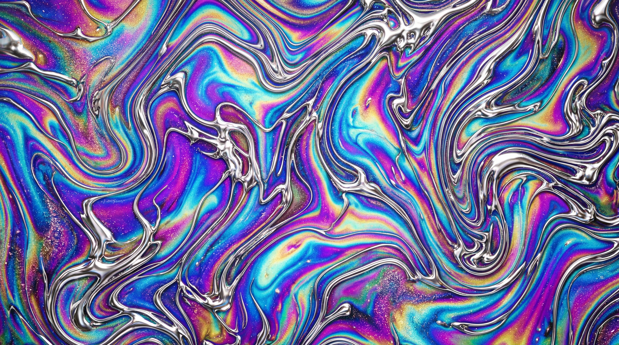 A close-up view of an iridescent marble texture with swirling patterns of blue, purple, pink, and silver liquid chrome.