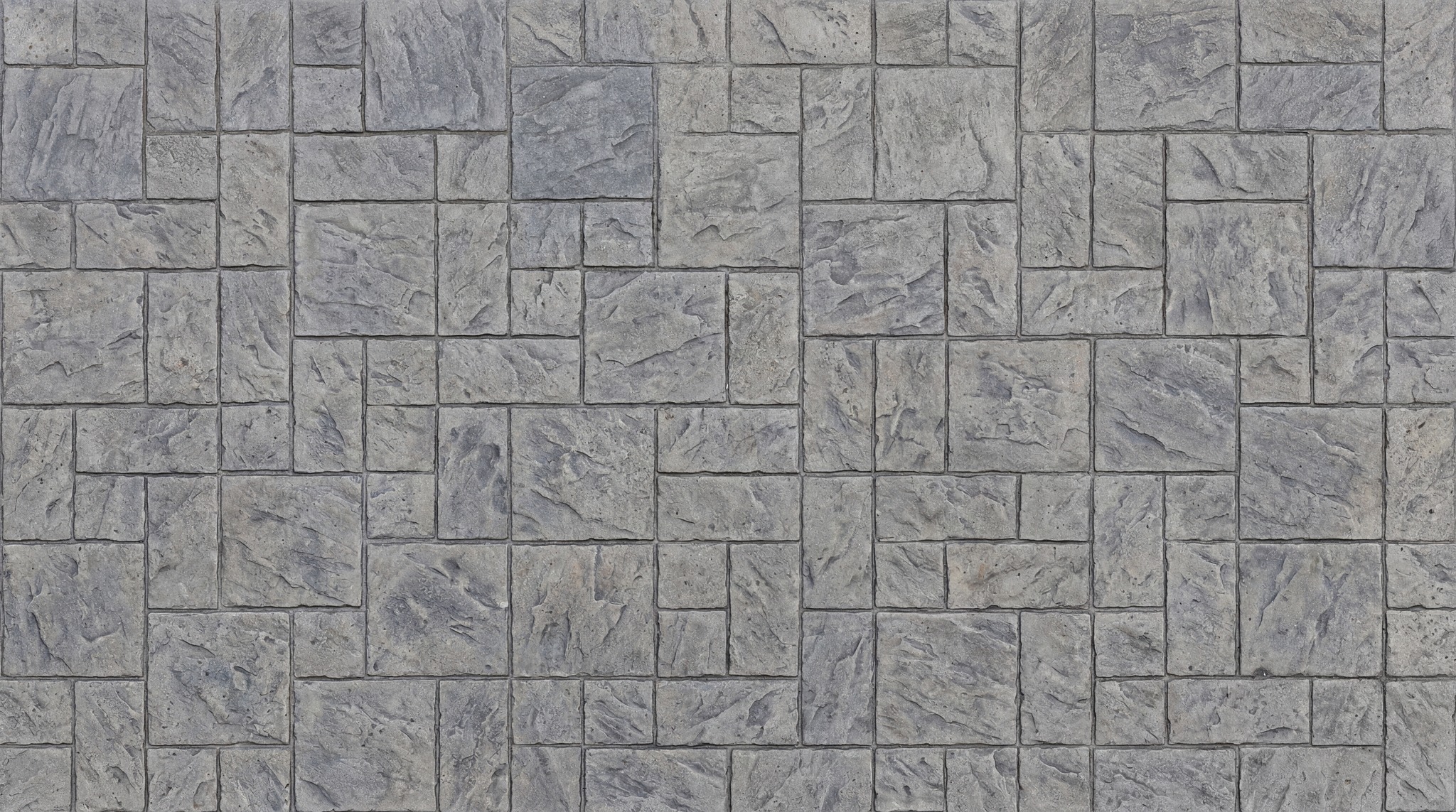 A seamless 4K texture of grey cobblestone paving stones with a rough, aged appearance.
