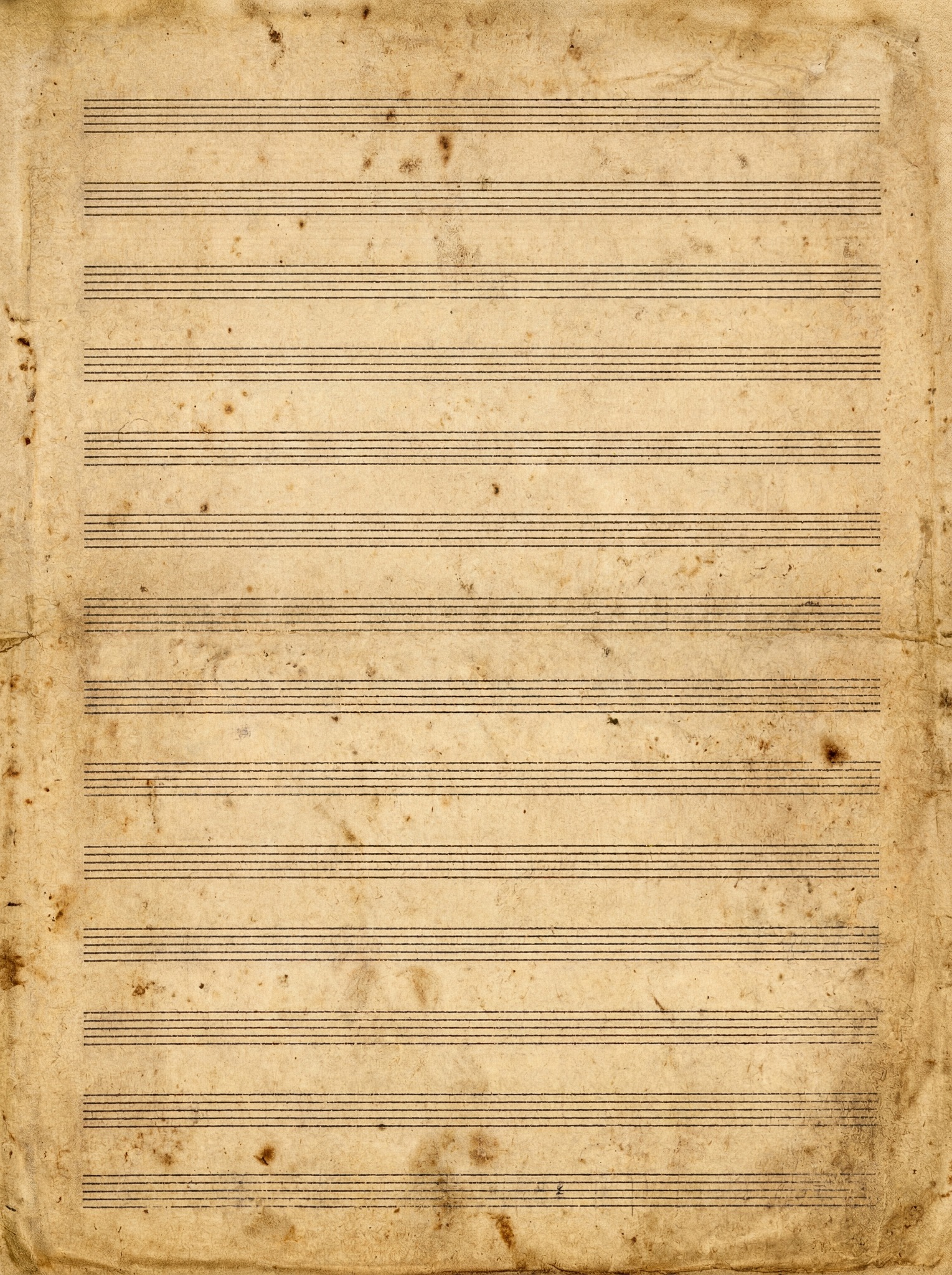 A textured, aged manuscript paper background with horizontal music staves and visible dirt and stains.