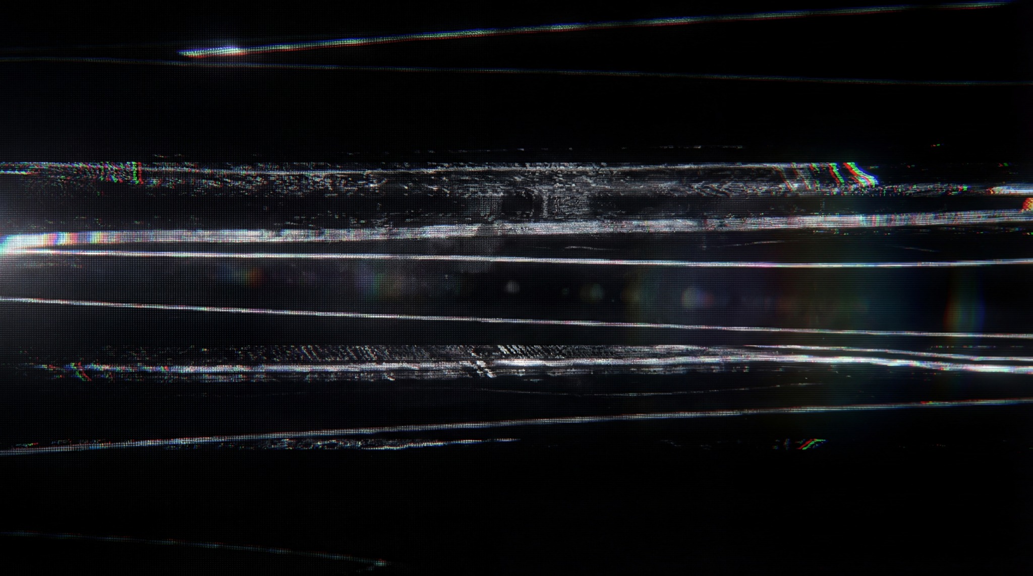 Abstract horizontal digital glitch texture with white lines and chromatic aberration on a black background.