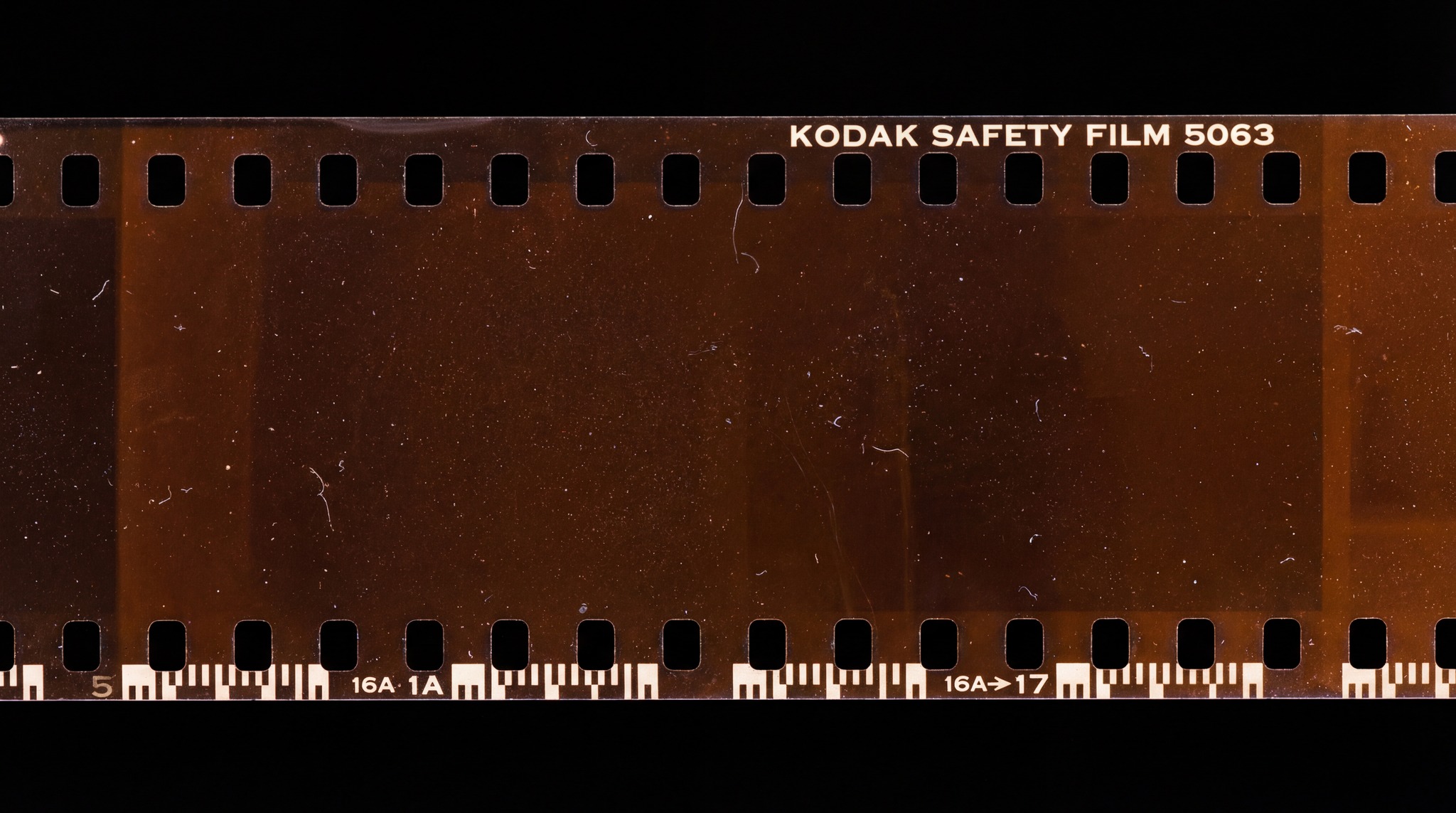 A close-up of an authentic 35mm film strip border with sprocket holes and edge markings.