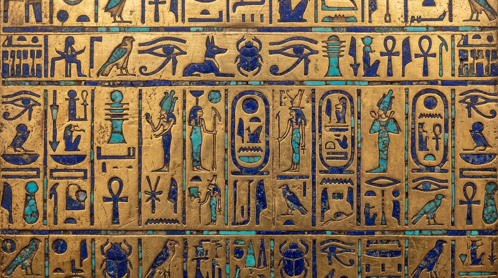 A close-up, detailed view of ancient Egyptian hieroglyphs carved into a gold surface with blue and teal inlay.