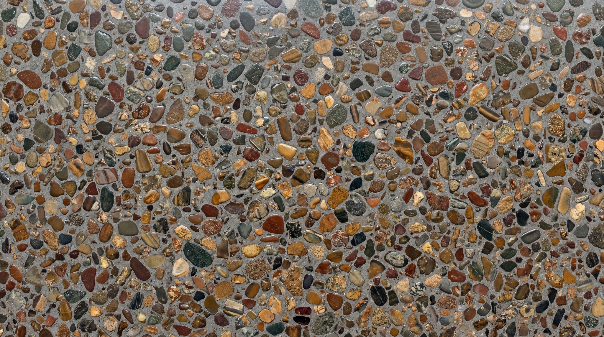 A seamless 4K texture of exposed aggregate concrete with various sized river stones embedded.