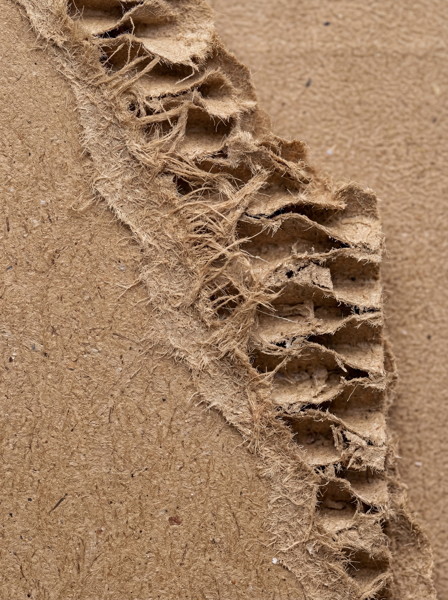 Close-up view of a torn edge of corrugated cardboard, showing the layered paper structure and frayed fibers.