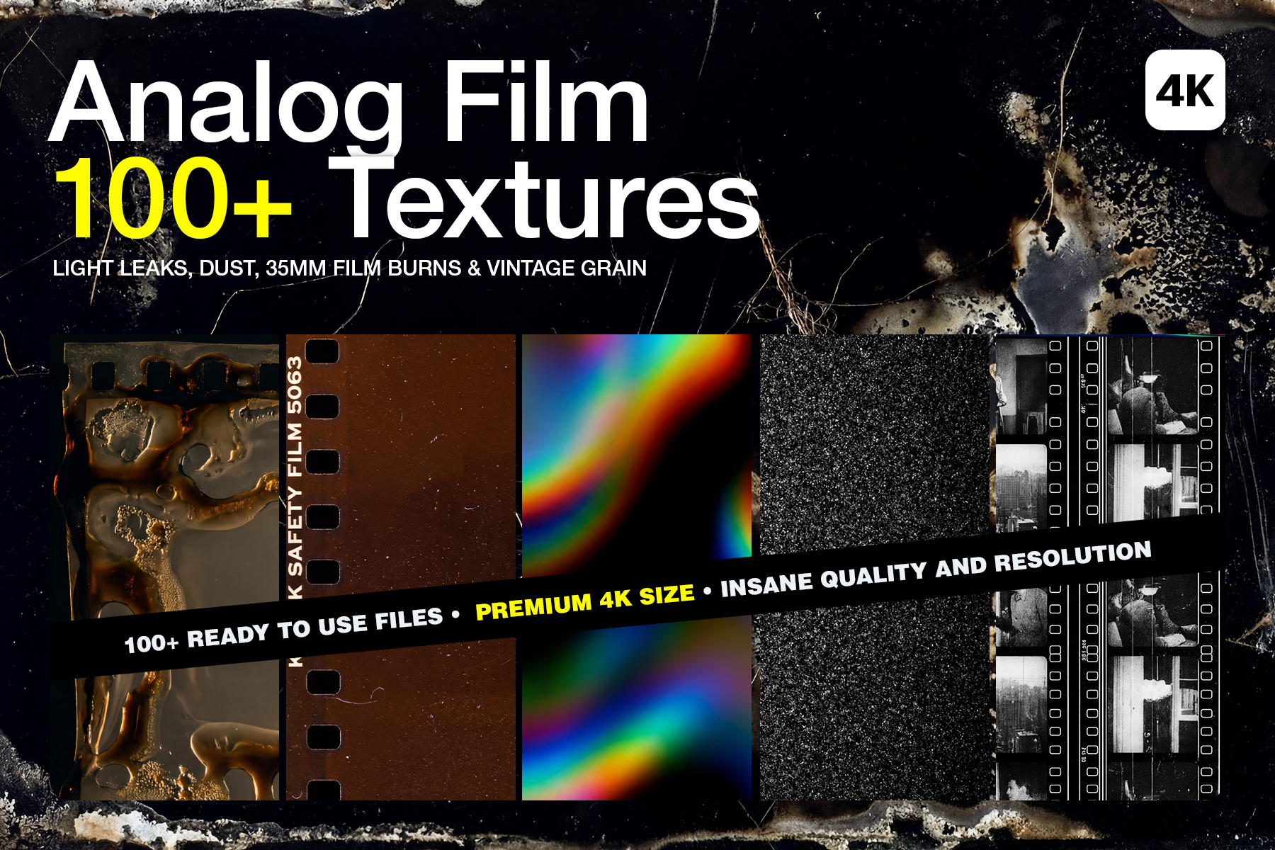 Cover graphic for the 100+ Analog Film 4K Textures pack, displaying a cinematic collage of 35mm film strips, optical light leaks, heavy grain, and vintage film burns on a dark background.